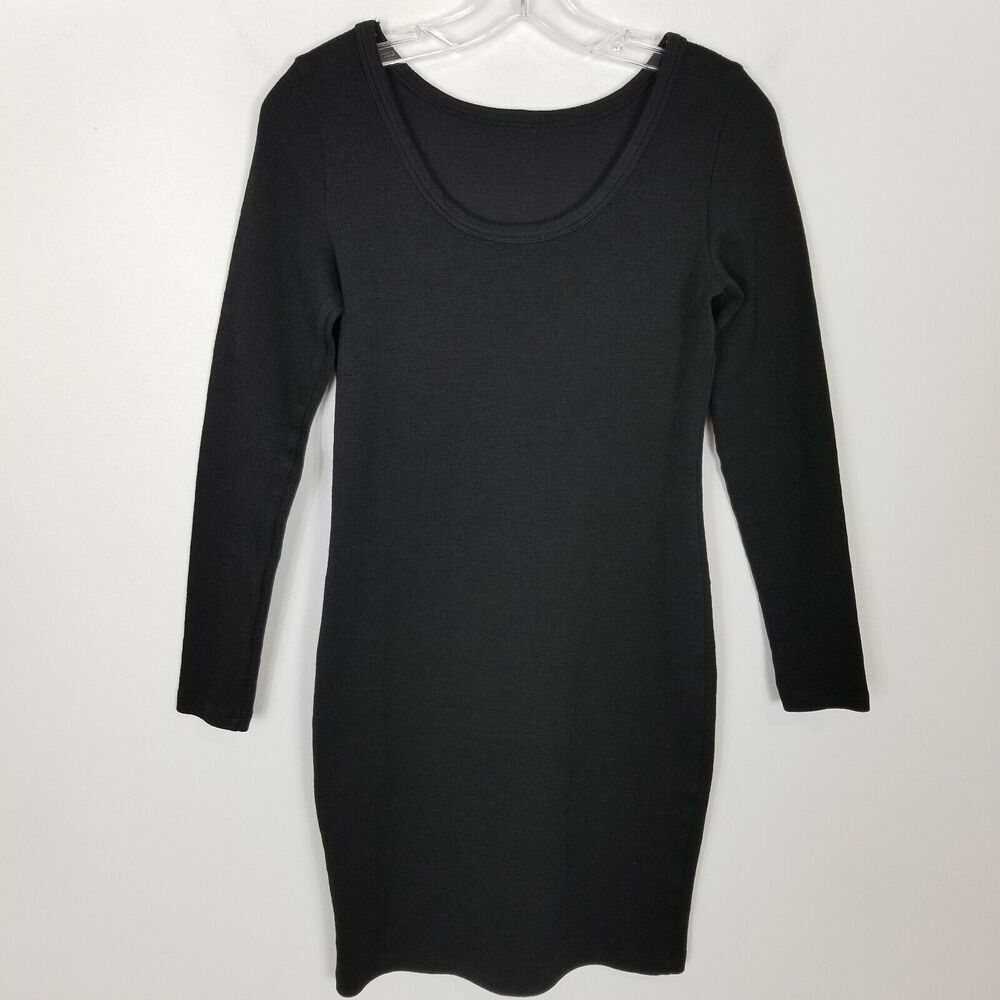 James Perse Women Scoop Neck Long Sleeve Mini Dress Sz‎ L Black Stretch Fitted